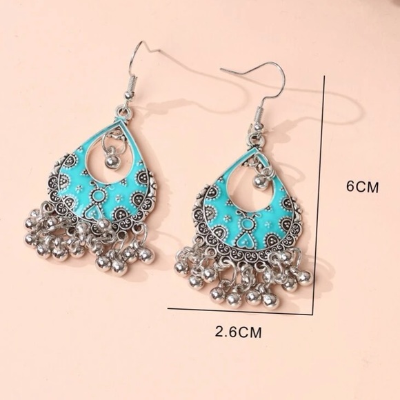 Bohemian Chic Southwest Elegance Turquoise Enamel & Silver Jhumka Ball E… - Picture 2 of 4